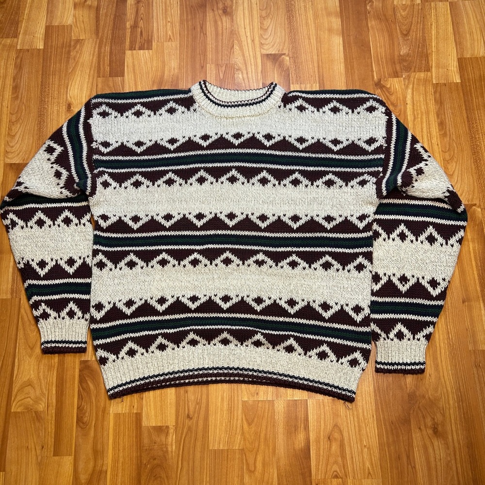 Vintage Basix Mens USA Heavy Knit Sweater XL Cream Burgundy
